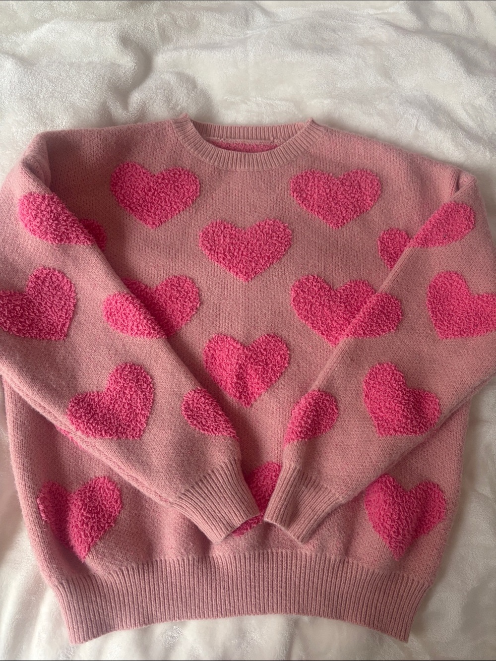 Women's Pink Heart-Pattern Crewneck Knit Sweater Like New